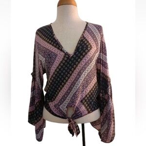 Lavender Field Anthropologie Boho, Floral Striped,Tie Front, Bell Slv Top SZ S